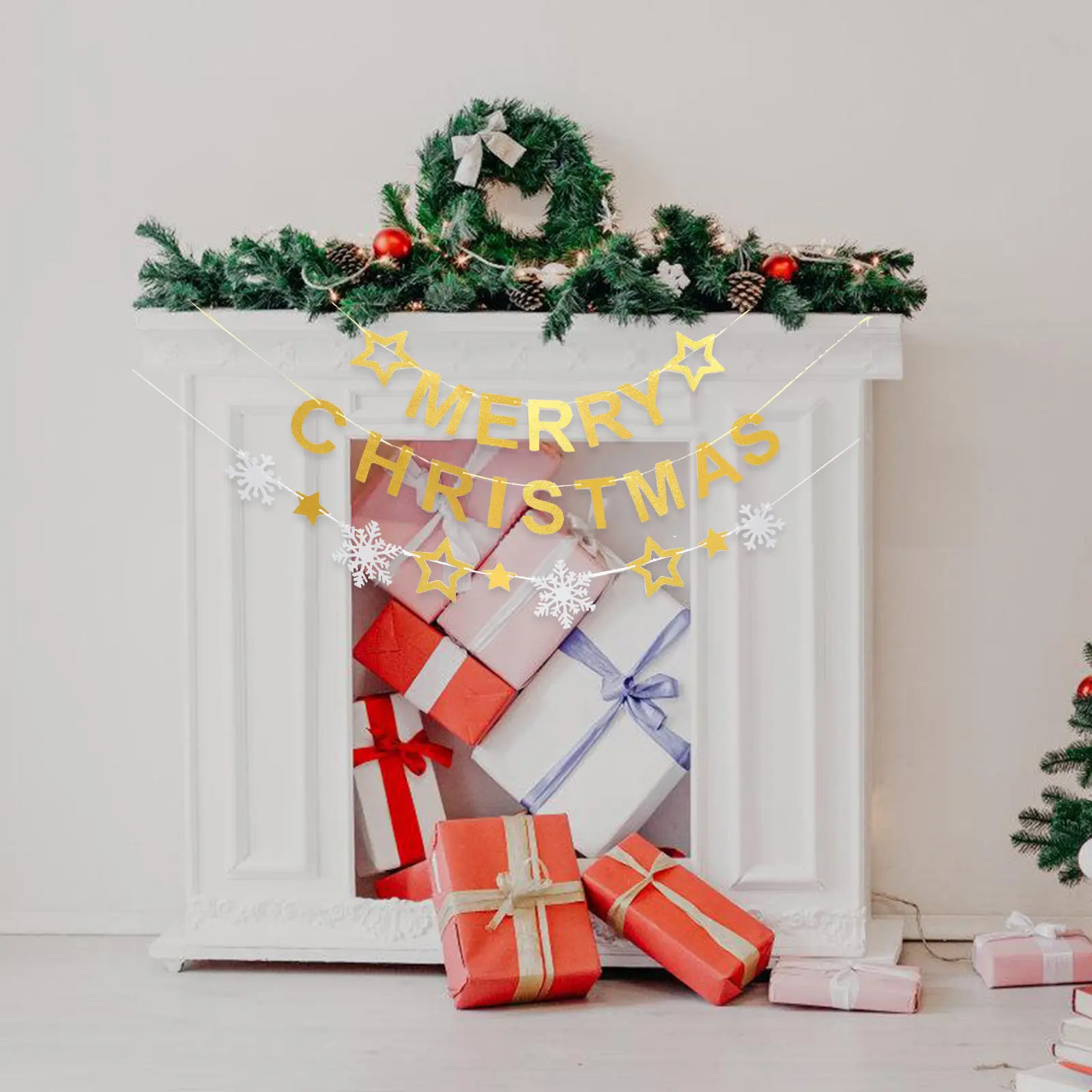 1 set 1 Set Of Party Decoration Bunting Festive Christmas Diy Banner Hanging Wall Ornament For Home Holiday Decor Xmas Garland