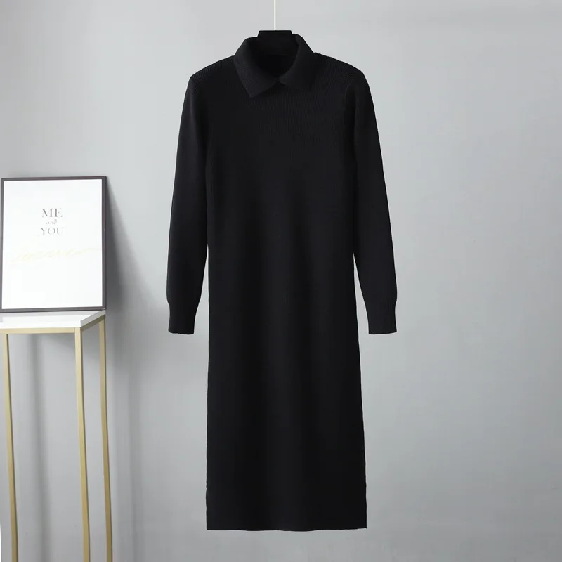 HLBCBG 2023 Polo Straight Autumn Winter Loose Long Sweater Dresses Women  Long Oversize Maix Sweater Dress Female Basic Dresses