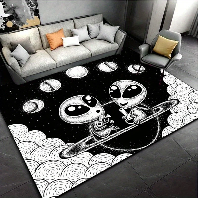Alien Space Rug: Sci-Fi Art for Futuristic Rooms | Black and White Cosmic Carpet Design Anti slip carpet can be machine washed
