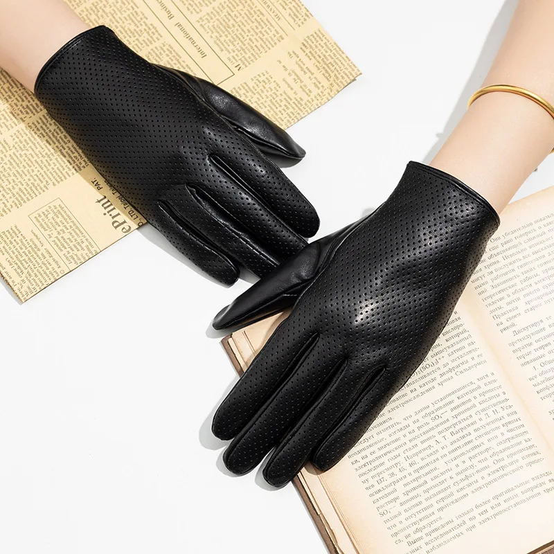 Men Women's Hollow Out Natural Sheepskin Leather Black Glove Female Fashion Genuine Leather Breathable Thin Driving Glove