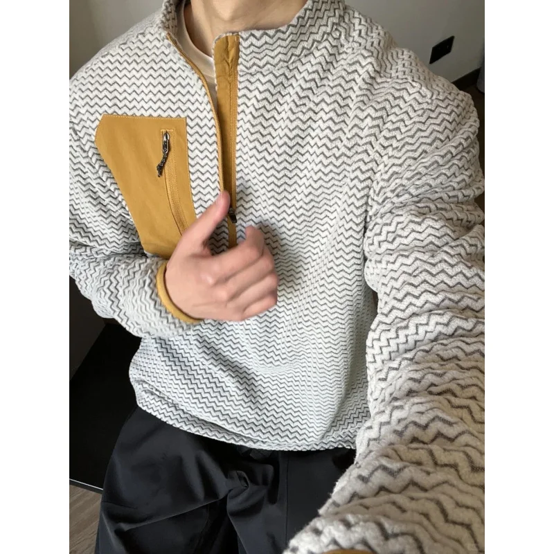 

2026 Men's Outdoor Wave Pattern Color Block Half Zip Stand Collar Fleece Jacket Warm Thermal Pullover Couple Style