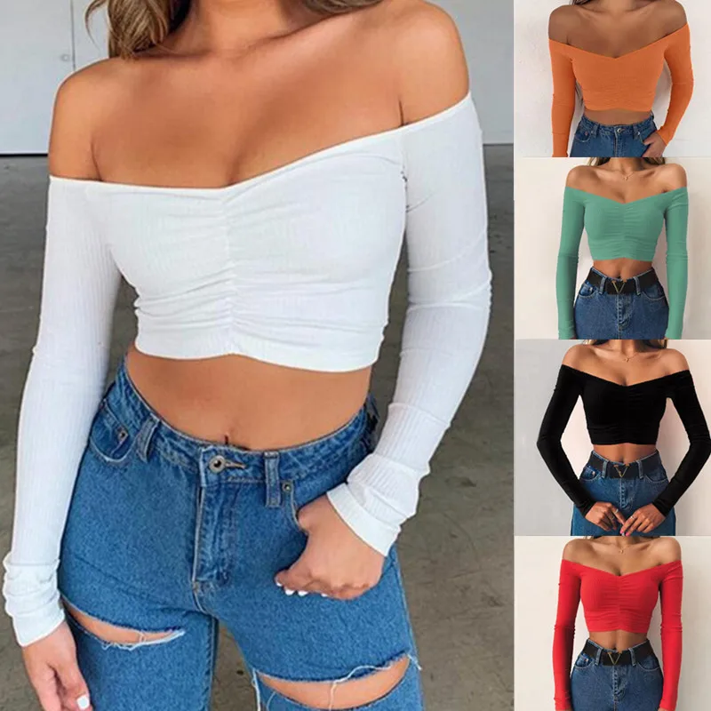 Women T-shirts Sexy V Neck Long Sleeve Off Shoulder Lady T Shirt Cotton Plain Women Crop Tops Basic Tees Undershirt Autumn