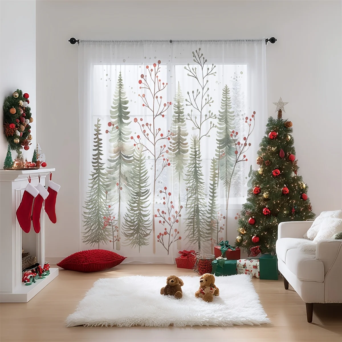 2PCS Christmas Winter Sheer Curtains, Red Xmas Tree, Digital Print, Bedroom Living Room, Rod Pocket Polyester, Home Decor