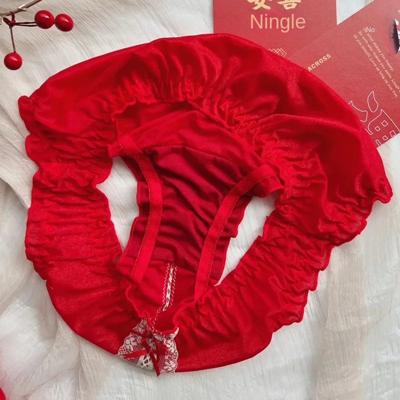 Red Bow Wave Point Perspective Ladies Underwear Sexy Lace Mid-waist Girl Lolita New Women\'s Fungus Edge Panties Loli Mini