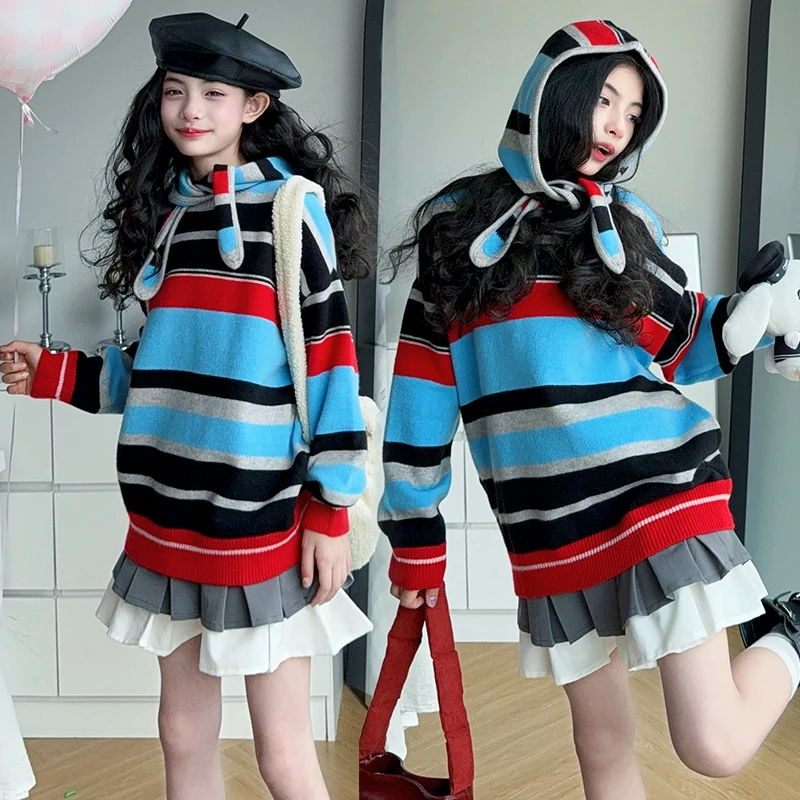 

Kid Sweater Age 4-14Y Baby Girl Casual Fashion Spring Autumn Knitwear+Hat Tween Stripe Daily Outfit Child Korean-Style Pullover