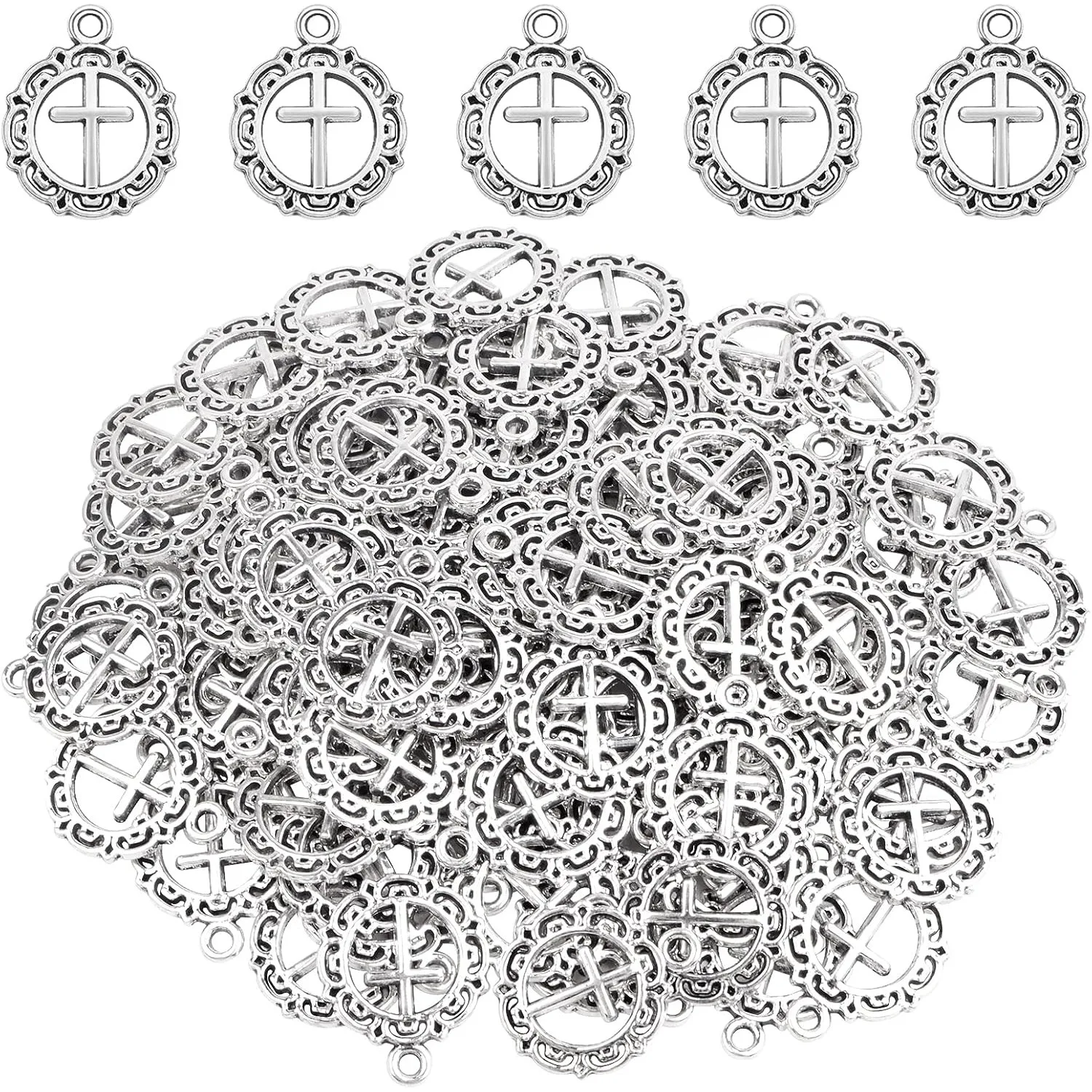 

100 Pieces Round Cross Crucifix Charms Alloy Hollow Filigree Flower Cross Pendants Charms for DIY Bracelet Jewelry Making
