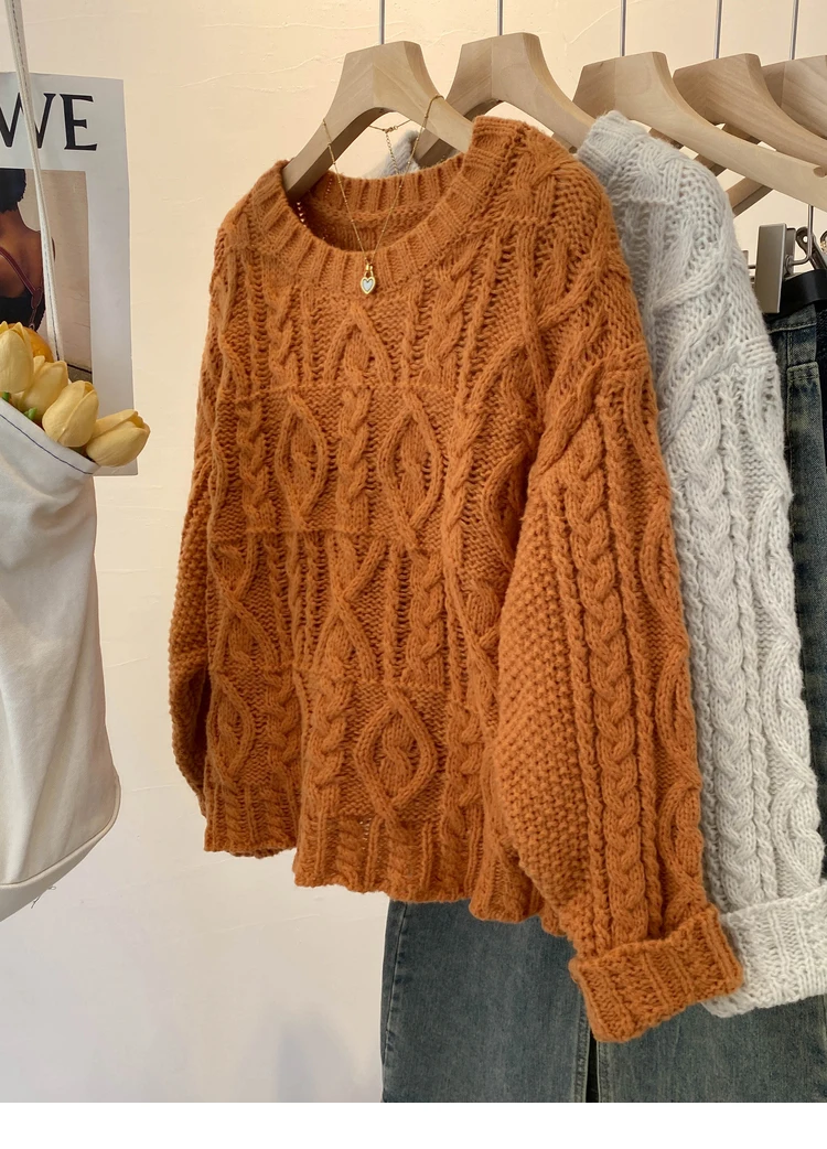 Maglione oversize lavorato a maglia grossa Pullover da donna Maglione girocollo lavorato a trecce allentato Maglione Teen-girl Granpa Style Y2K Outfit