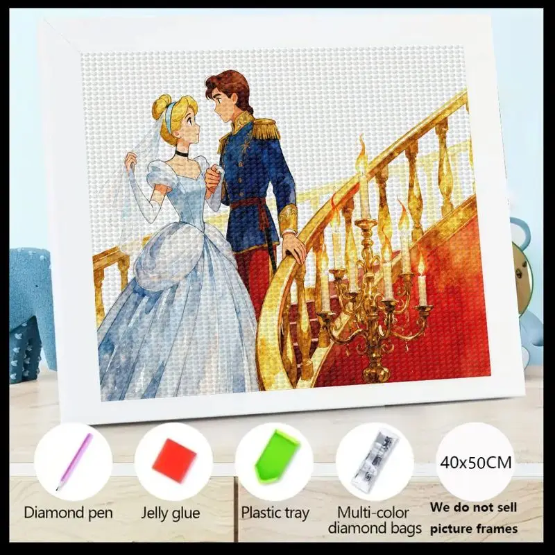 

1PC 5D DIY Diamond Painting Kit, Cinderella Prince Charming Fairy Tale Wedding Romantic Couple Art, Full Drill Crystal Rhineston