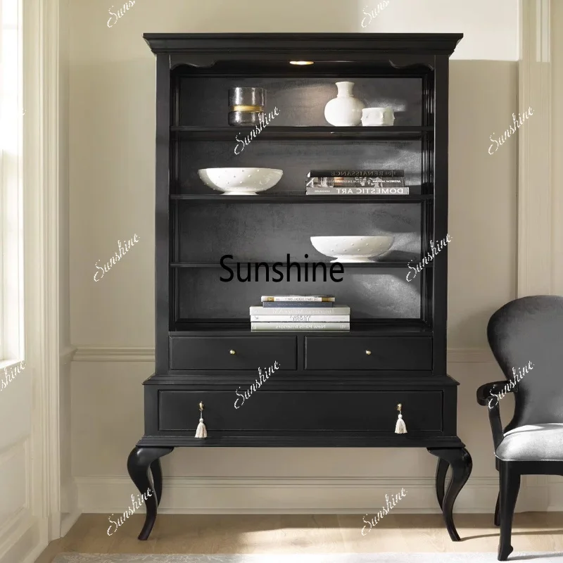 French Neoclassical Black All Solid Wood Bookcase Rural Simple Display