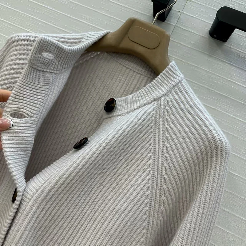 Cardigan para mulher nova malha elástica manga comprida topo para o outono 2025 único breasted fino ajuste camisola mistura de caxemira malhas