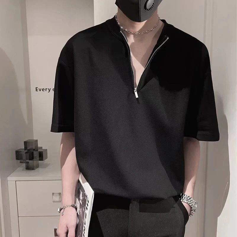 Summer All-match Zipper Short Sleeve Men O Neck T Shirt Korean Fashion Casual Punk High Street Oversized Tops Black White Dance