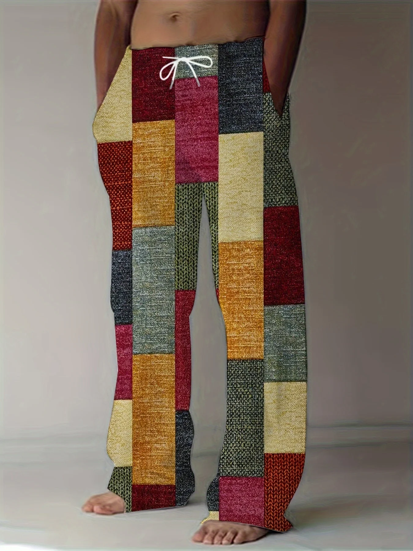 

Casual Geometric Splicing Men's Pants Retro Ethnic Printing Mid Waist Drawstring Closure Summer Wide Leg Beach Pants