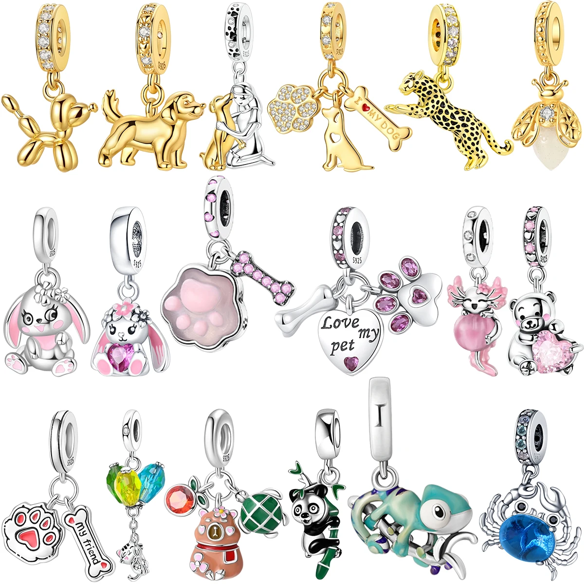 Abalorios de Animales de Plata 925: Conejo, León, Dragón, Pavo Real, Alce, Cebra, Gato Negro, Perro Adorable. Colgantes para Pulsera, Joyería DIY, Regalo.