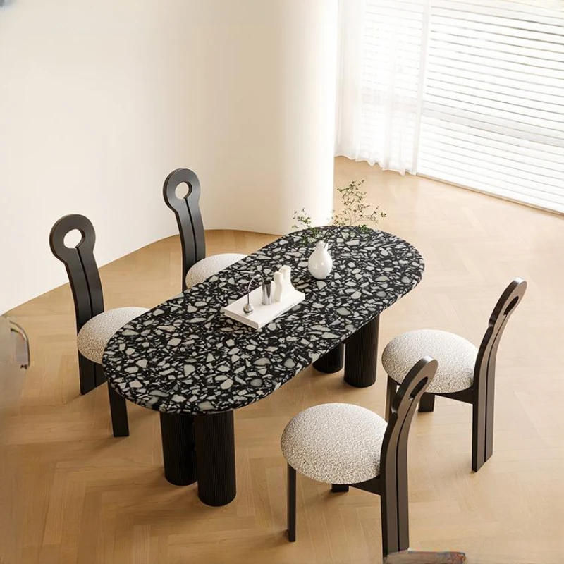 French retro marble dining table, oval shaped small household, high-end internet famous black and white terrazzo table