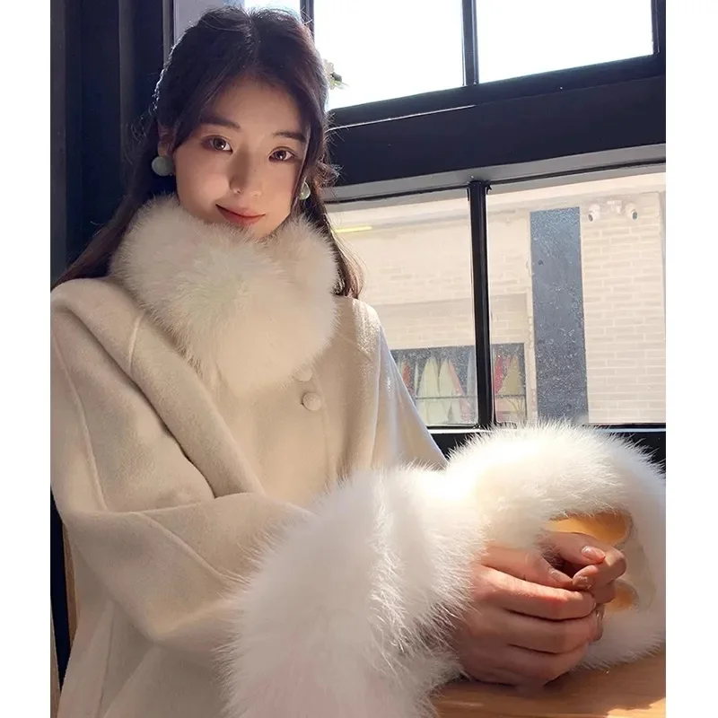 Fox Fur Wool Overcoat Women's Long Coat Office Lady Elegant Double-sided Woolen Coat 2025 New Cardigan Jackets Loose