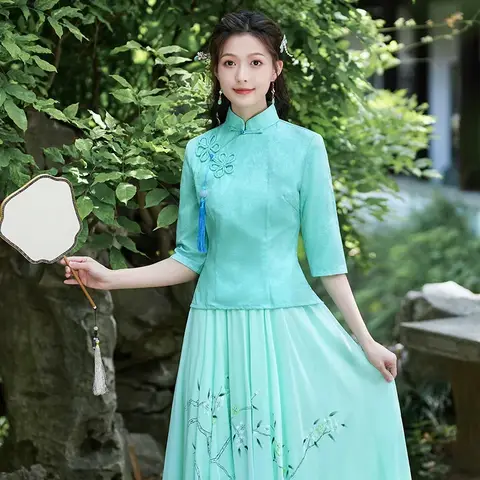 Lady Elegant Hanfu Shirt Mandarin Collar Qipao Blouse Green Tang Clothes Tradition Chinese Style Costume Improved Cheongsam Tops