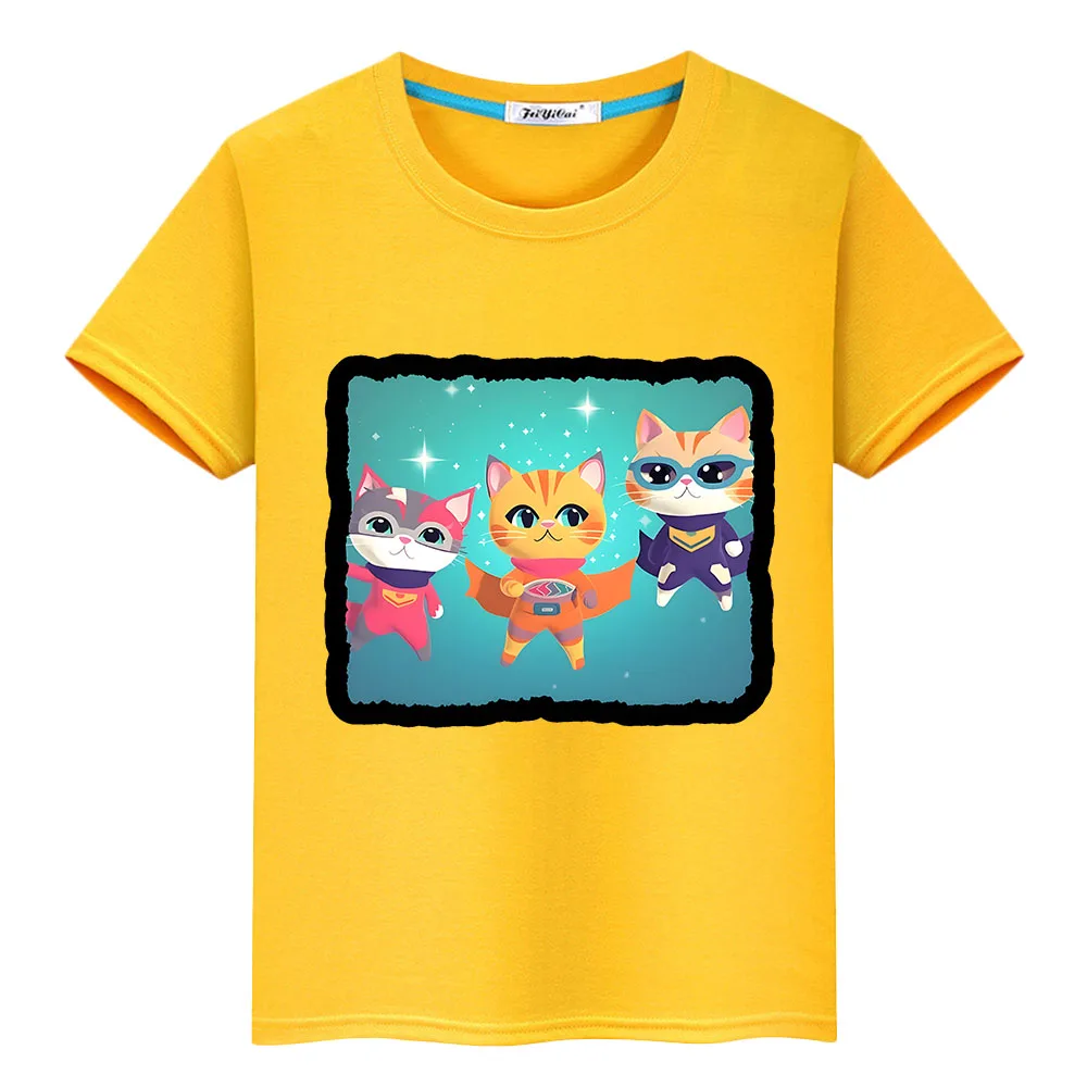 

Super Kitties Cartoon T-shirt 100%Cotton Short Print Tops y2k one piece Summer boy girls clothes Casual Anime Tees kids clothes