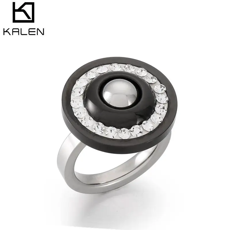 Kalen Stainless Steel Women Rings Jewelry Vintage Zircon Party Rhinestone Bright Black White Rings Never Fade Jewelry Gift
