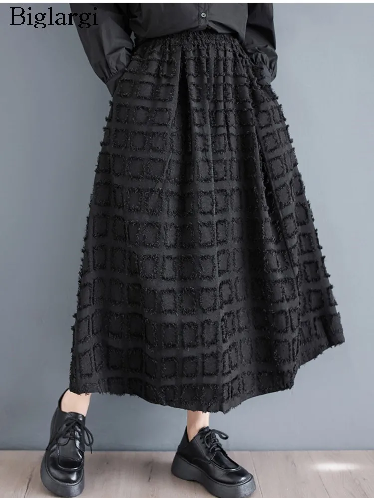 

Elastic High Waist Ladies Skirts Oversized Spring Midi Skirt Women Ruffle Pleated Loose Fashion Casual A-Line Woman Black Skirts