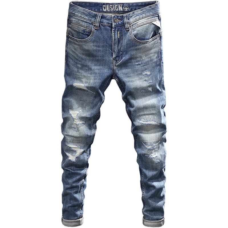 Fashionable Street Wear Men's Jeans Split Vintage Blue Elastic Slim Fit Jeans Men's Pants Patch Designer Vintage Denim Pants Hom