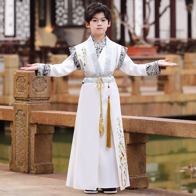 Lente Zwarte Bloemen Borduren Hanfu Tang Pak Chinese Kinderen Dans Kostuums Jongens Traditionele Kids Stage Performance Rokken