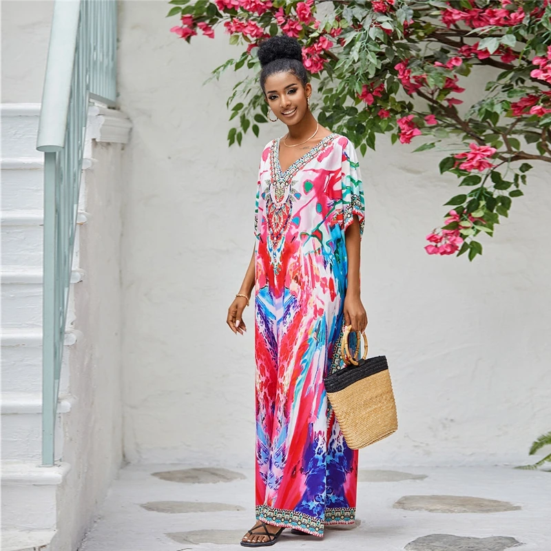 Necklace Print Kaftan Women Spring Colorful MaxiDress Flattering Boho PlusSize Elegant Loose Long Robe Greece Holiday Resortwear