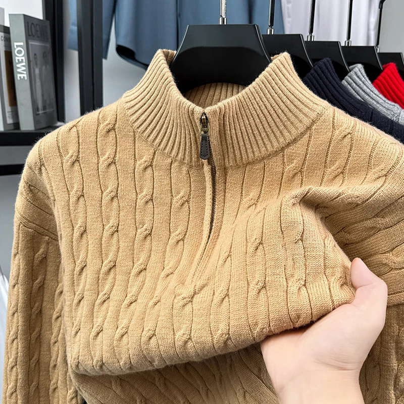 

High quality zipper men's semi high neck sweater autumn winter luxury fashion solid color jacquard thicken warm casual pullover