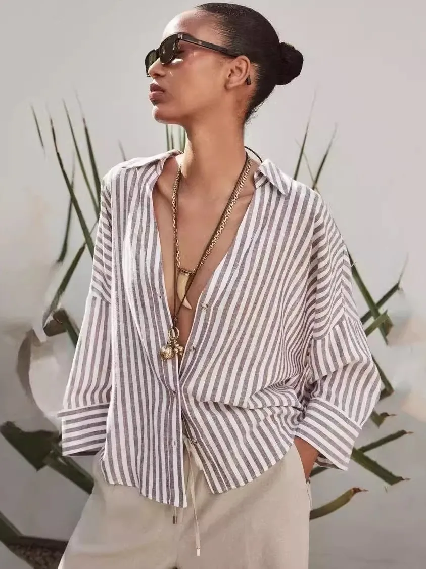 

Новая летняя повседневная женская рубашка из смесового льна с широкими рукавами, простая, с эффектом похудения, дышащая, комфортная, с длинными рукавами, в полоску