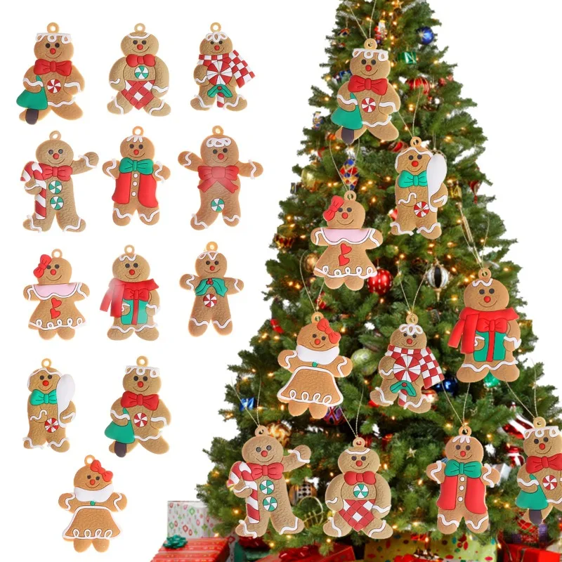 PVC Soft Gingerbread Man Christmas Ornaments Bell Snowflake Chrismas Tree Hanging Figurines Pendant Party Xmas Decor Kids Gifts