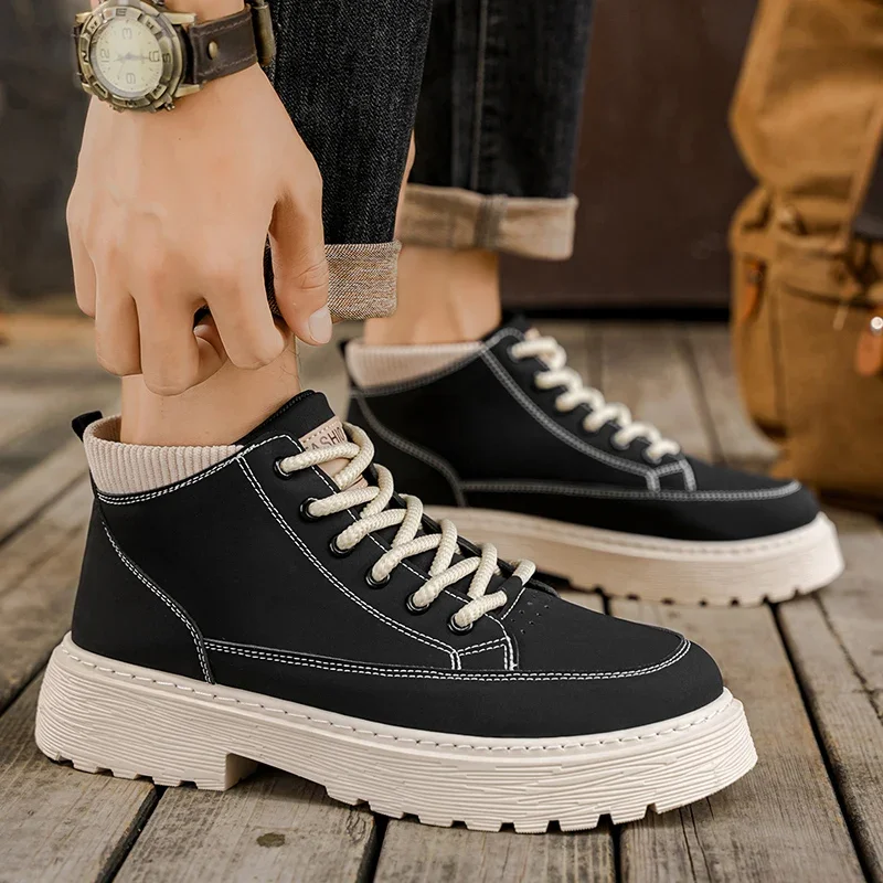 

British Style Men's Ankle Boots Comfy Leather Boots For Man Motorcycle Boots Platform High Top Work Shoes Men botas para hombre