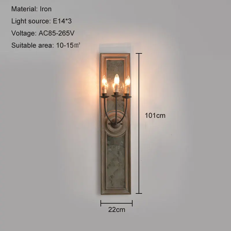 American Retro Wooden Mirror Frame Wall Lamp French Living Room Bedroom Corridor Porch Wooden Old Iron Candle Lamp Wall Lamp