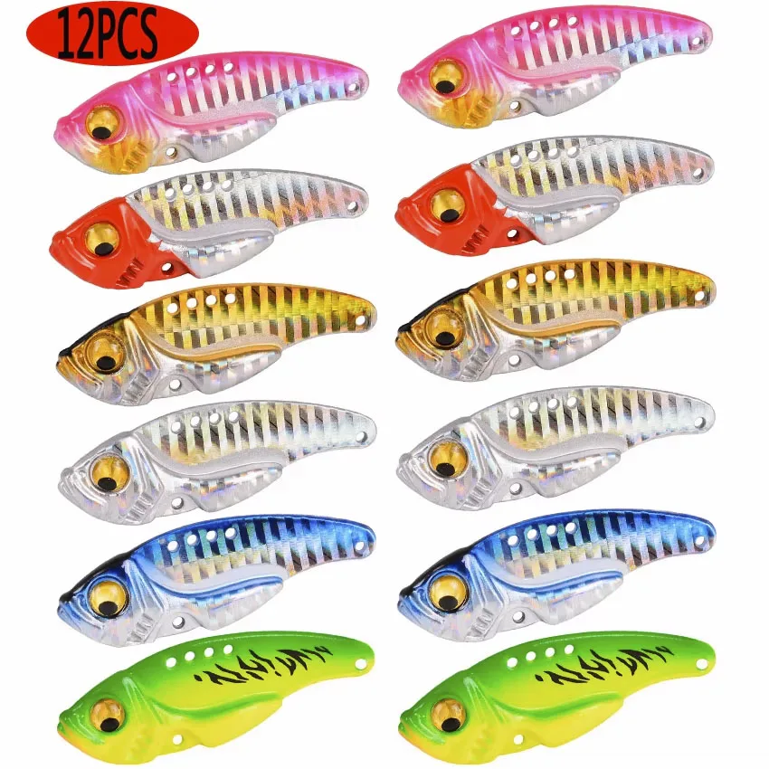 12pcs 3D Eyes Metal Vib Blade Lure10/15/20G Sinking Vibration Baits Artificial Vibe For Bass Pike Perch Winter Fishing Long Shot
