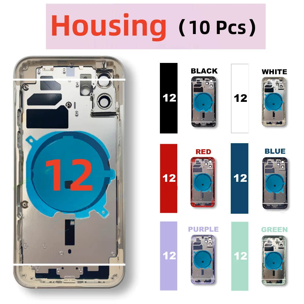 

10Pcs For iPhone 12 Back Housing Battery Cover+Middle Frame Chassis+with Side Buttons+SIM Tray+Back glass for 12 Back Cover