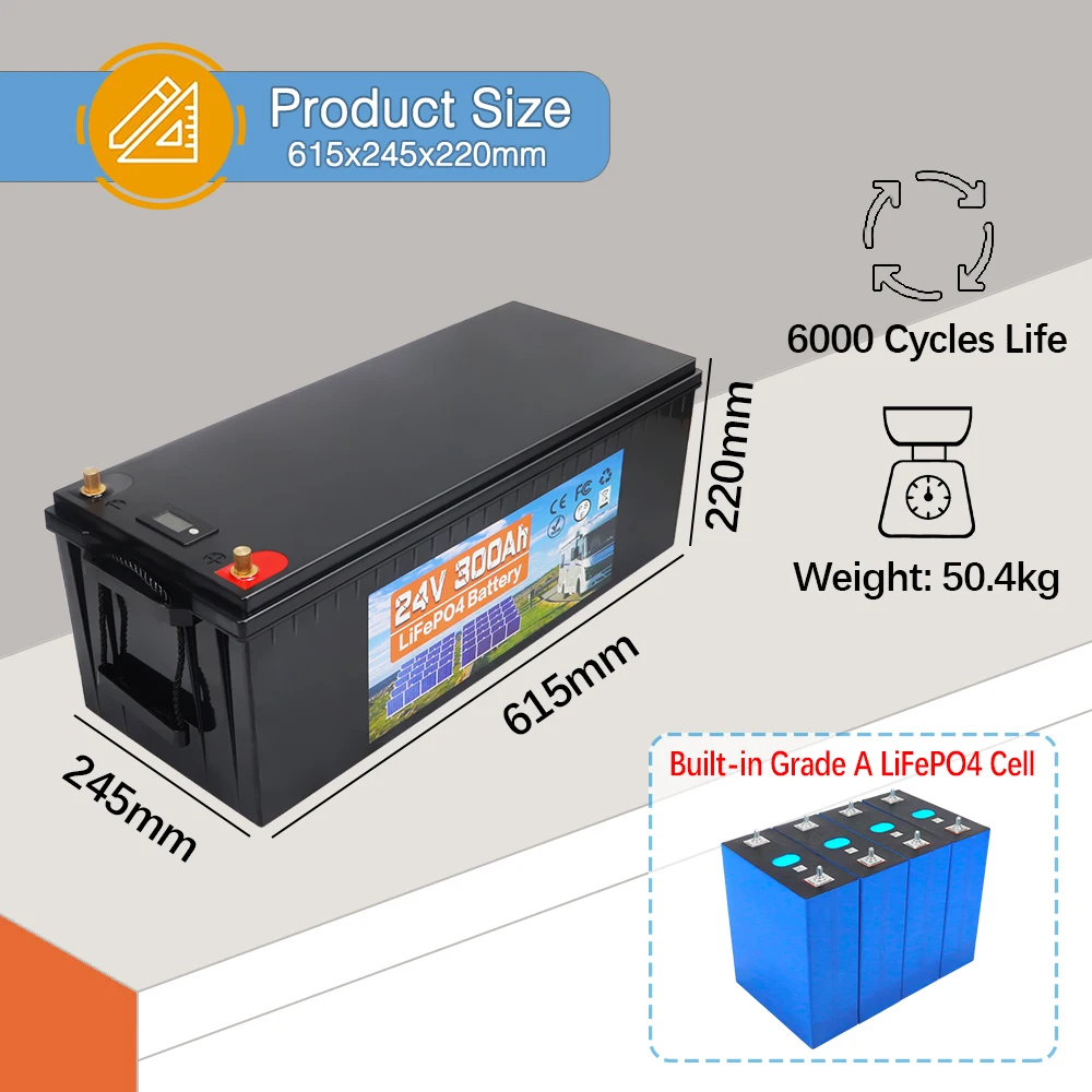 LiFePO4 Battery 24V 300Ah 250Ah Lithium Iron Phosphate Built-in 100A BMS 6000+ Cycles IP65 For RV Boat Inverter Solar EU Stock