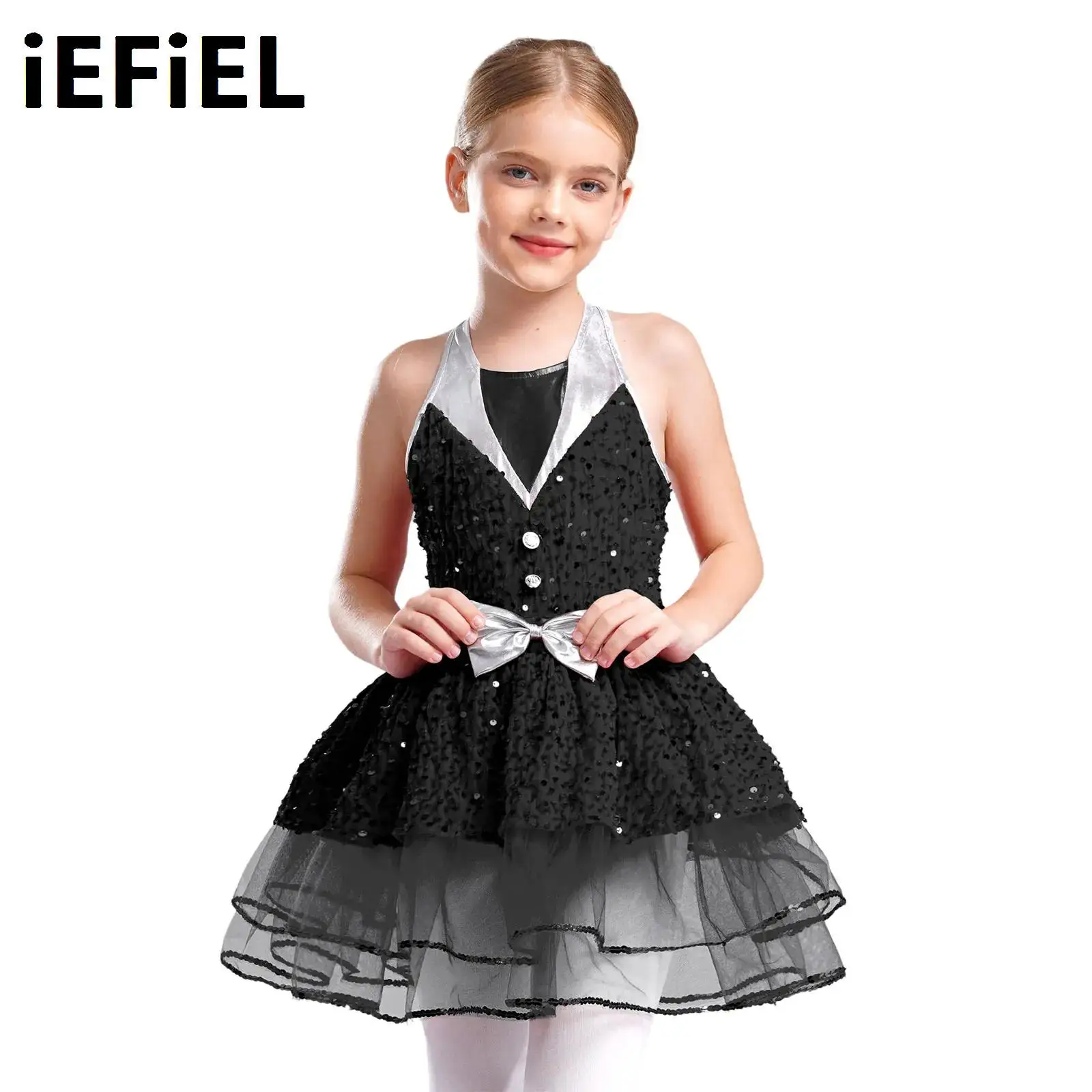 

Kids Girls Sequins Dance Tutu Dress Performance Costume Halter Sleeveless Backless Glittery Velvet Tutu Dress Tutu Skirt