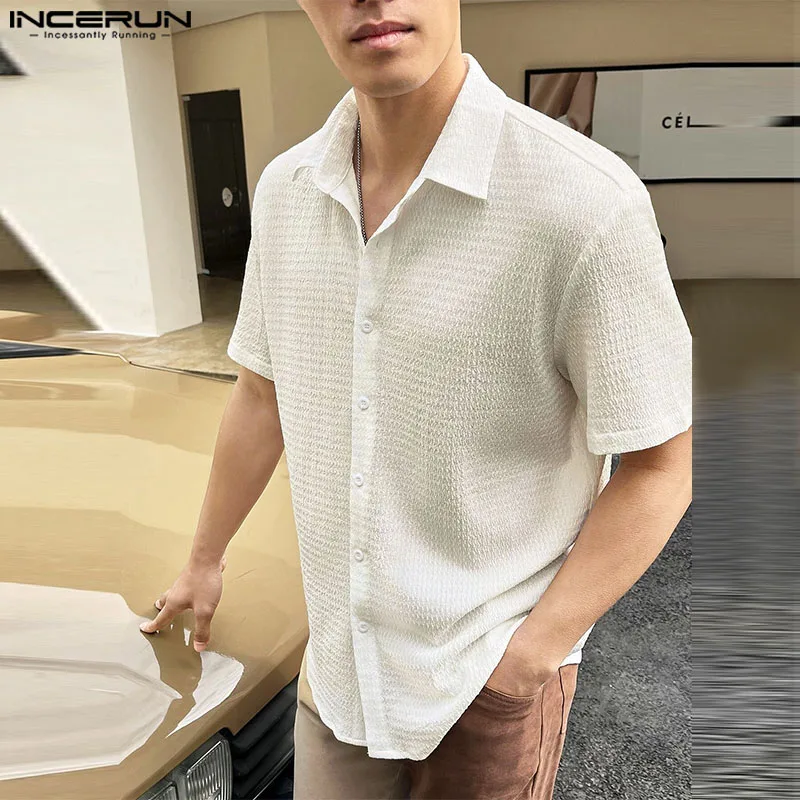 

2024 Men Shirt Solid Color Lapel Short Sleeve Button Korean Streetwear Men Clothing Summer Fashion Casual Shirts INCERUN S-5XL