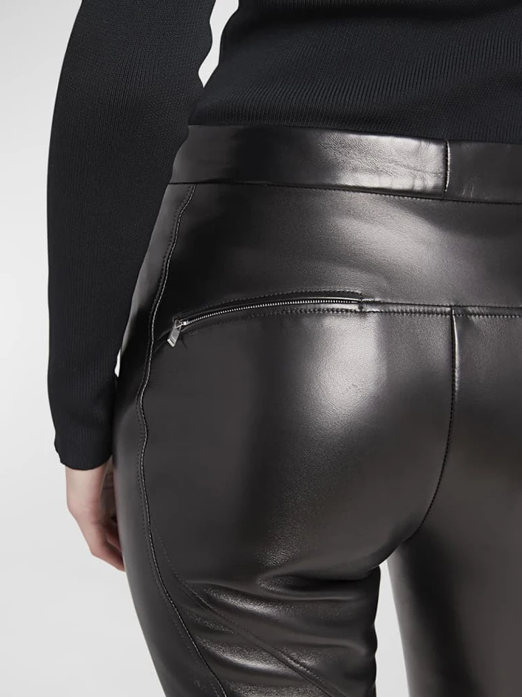 Czarne matowe skórzane spodnie Flare z kieszenią damskie eleganckie, zapinane na zamek przycięte spodnie damskie Vintage Stretch PU spodnie z dzwonkiem