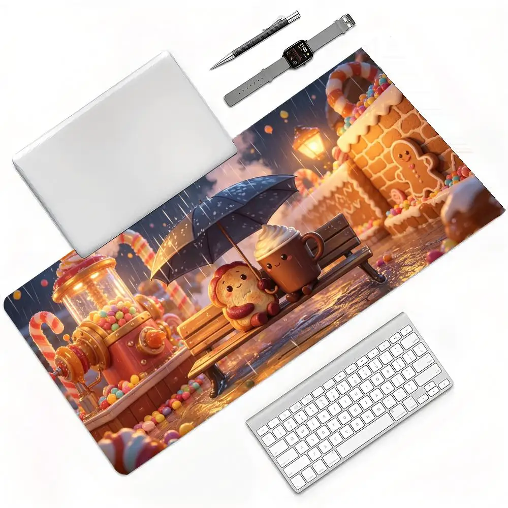 Cute Fox Seal On Cloud Hot Air Balloon Rainy Night Large Mouse Pad Non Slip Rubber Desk Mat for Laptop Gaming Home Office Decor