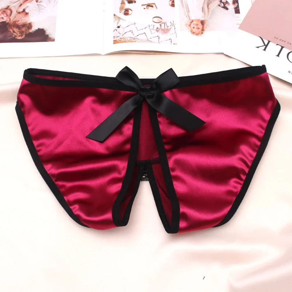 Women\'s Silky Satin Sexy Crotchless Thongs Knickers Breathable Exotic Panties Lingerie Underwear Low Rise Female Briefs