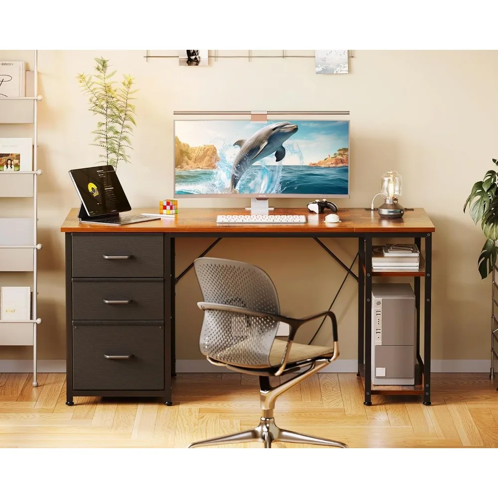 مكتب كمبيوتر كبير مقاس 51 بوصة مع أدراج قماشية، ومنافذ طاقة USB، ومكتب مكتب منزلي قابل للعكس مع أرفف تخزين، مثالي لـ