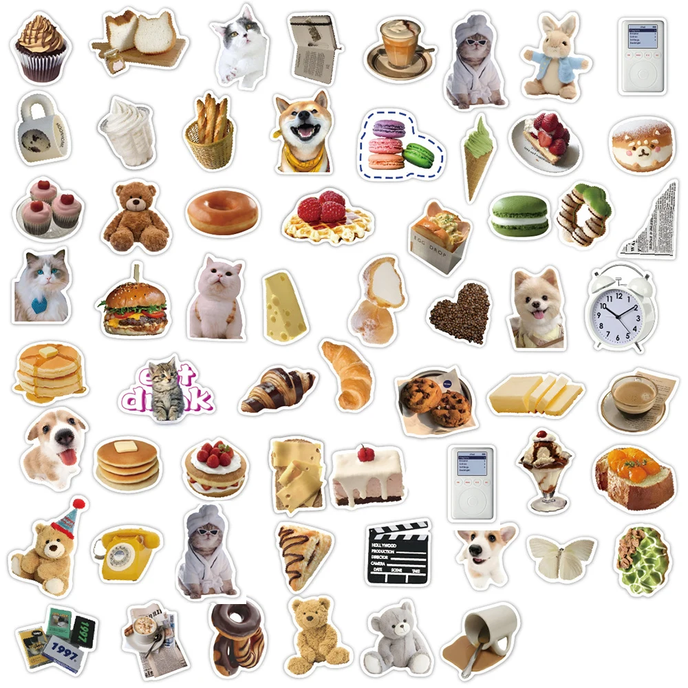 10/30/50pcs Funny Cat Animal Stickers Food Cartoon Sticker Diary Motorcycle Phone Notebook Car Decoration Stationery Decals Toys