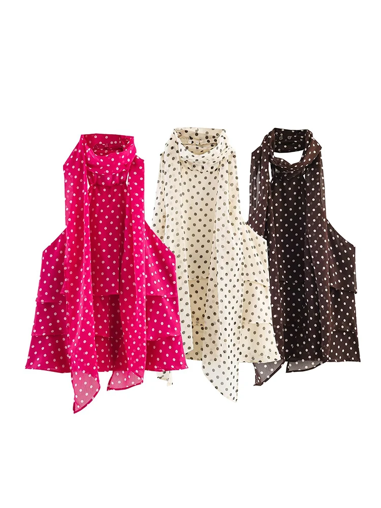 TFMLN Schickes Halter-Top mit Polka Dots für Damen, sexy, mehrlagig, mit Rüschen, rückenfrei, zum Schnüren, neu, lässig, schmal geschnitten, Streetwear