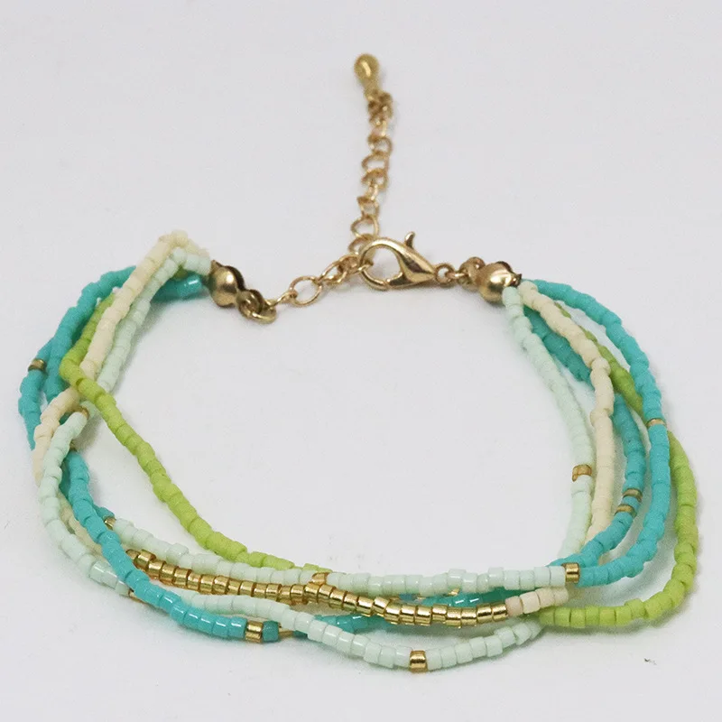 Pulsera de cuentas de arroz, brazalete con cuentas de cristal multicapa, ajustable a mano, estilo bohemio, a la moda