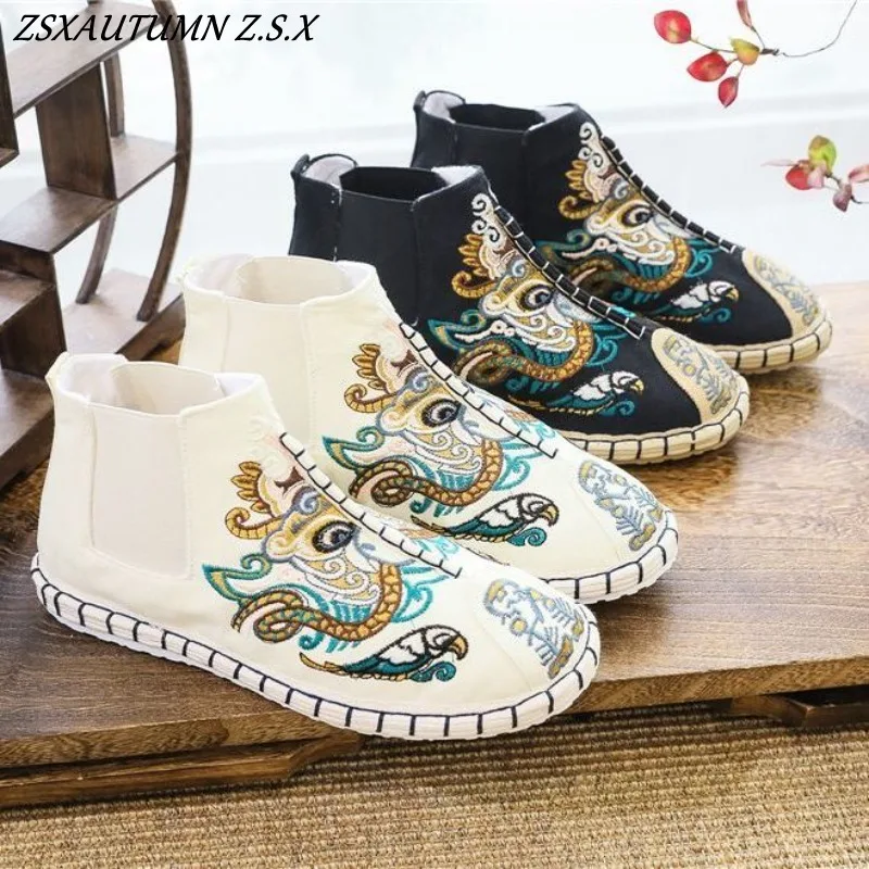 

Новинка 2025 года, китайская винтажная обувь из хлопка и льна с высоким берцем для мужчин, мужская обувь с вышивкой, обувь для кунг-фу, слипоны