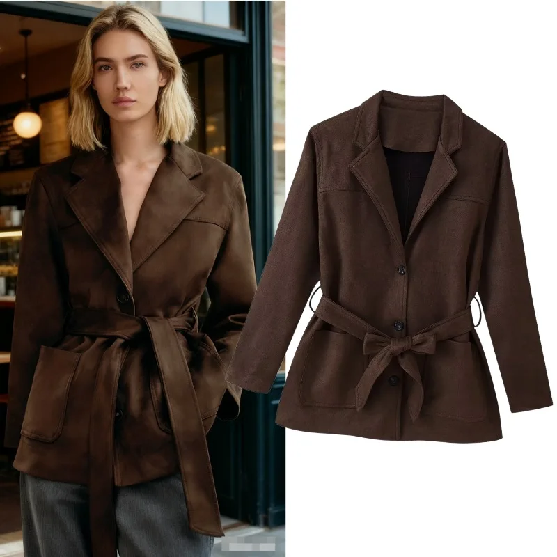 

Женские замшевые тонкие ветровки, однотонные куртки с поясом, Тренч с длинными рукавами, женские модные шикарные пиджаки, уличная одежда