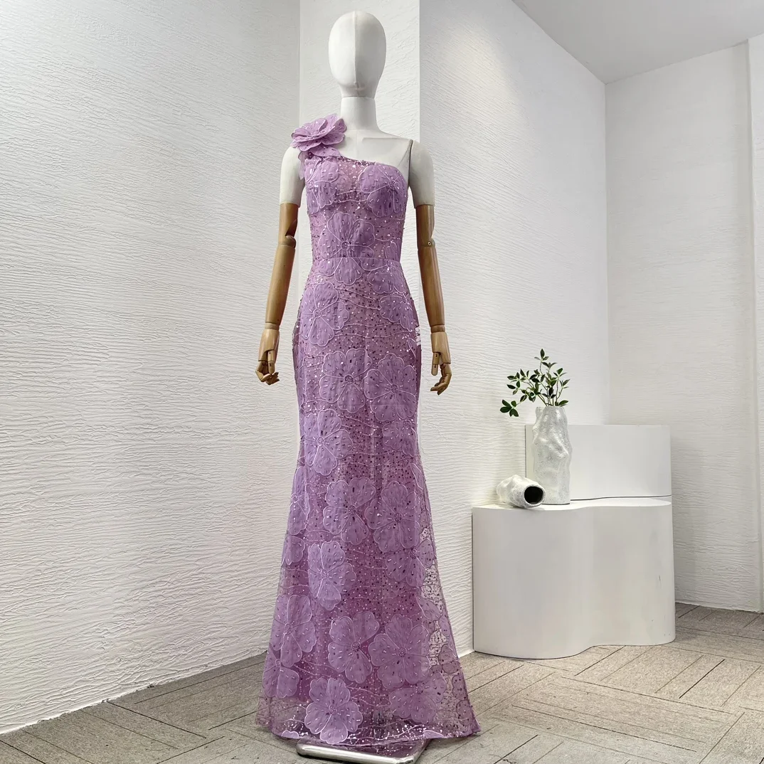 2024 New Purple Violet One Shoulder Beading Sequined Embroidery Flower Maxi Dress for Women