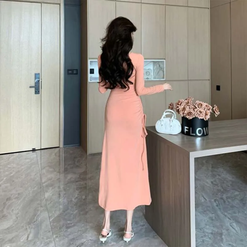 Elegant Square Collar Knot Slim Long Sleeve Dress Women's Autumn New Drawstring Pleated Waist Cinching Slim Long Dress