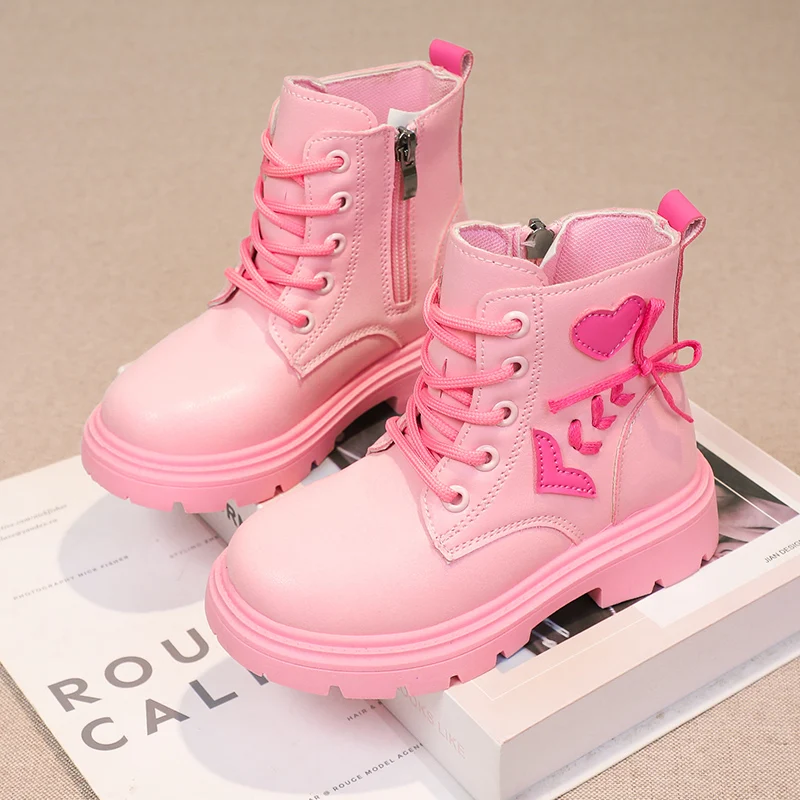 Children Fashion Boots Girls Ankle Boots Pink Elegant Zipper Cool Love Pattern Kids Princess Leather Boots Non-slip Size 26-37