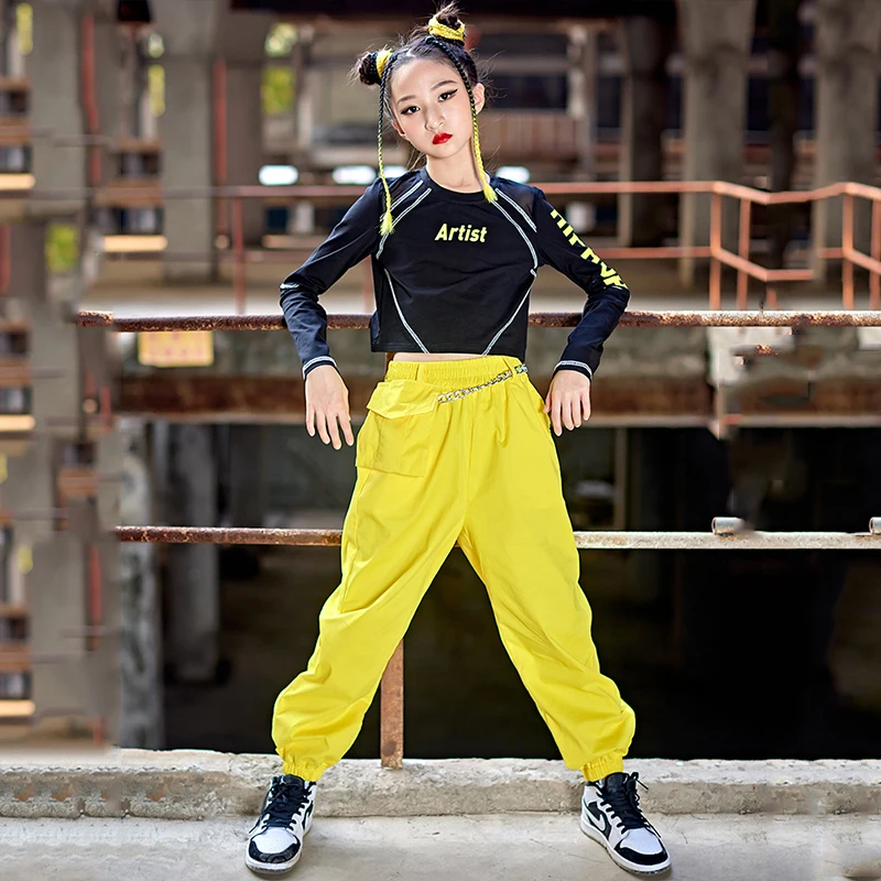 สาว Hip Hop Dance เสื้อผ้าฤดูร้อน Jazz Crop Tops สีเหลือง Hiphop กางเกงเด็ก Street เครื่องแต่งกายเต้นรำบอลรูมฝึกสวมใส่ BL8106