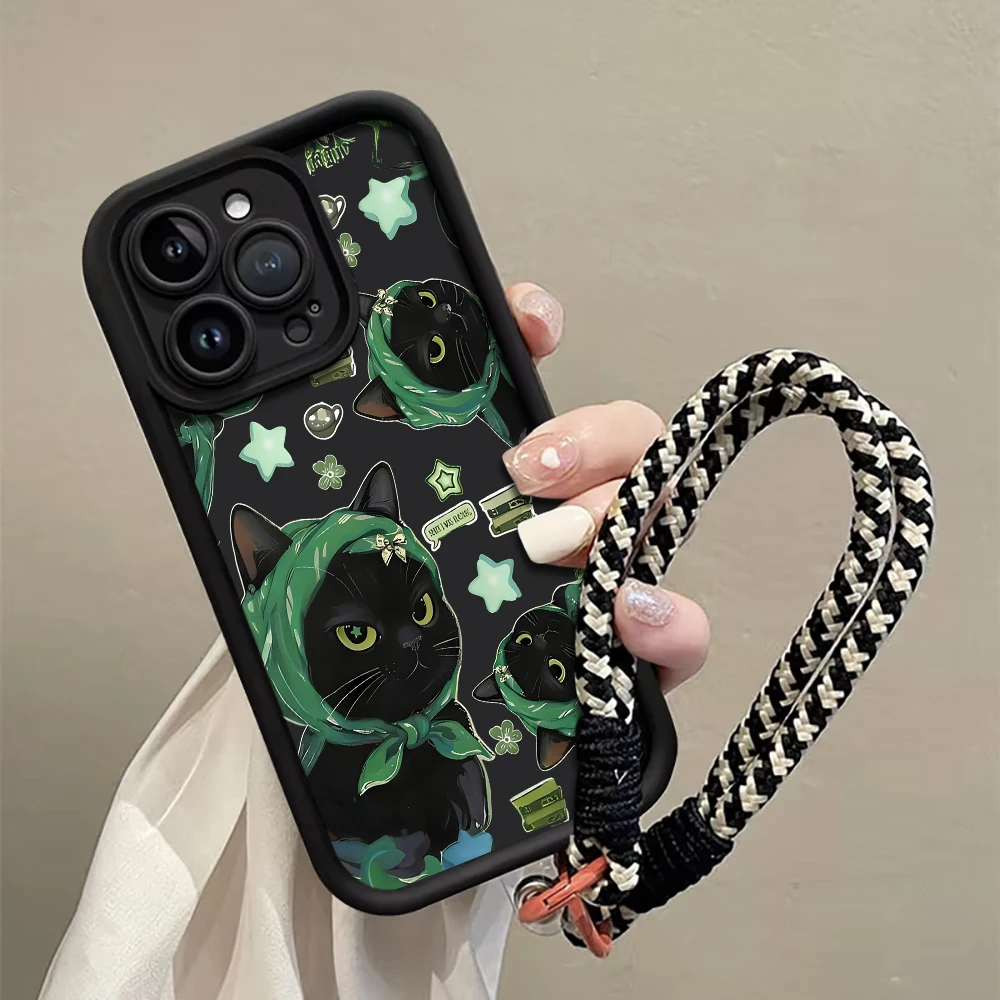 Grüne Kopftuch-Katzen-Handyhülle mit Trageband für iPhone 12 13 14 15 16 17 Pro Max 15 14 13 Plus 17E Stoßfeste Matte Silikonhülle – Detail 1